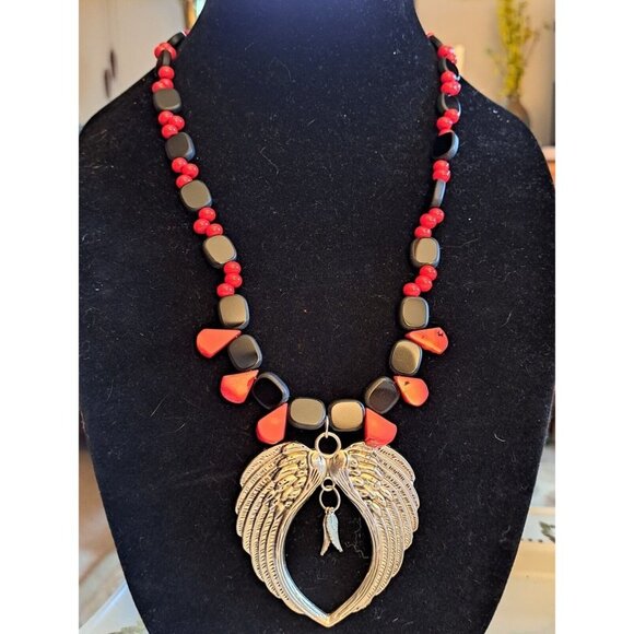 Artisan Jewelry - Handmade Angel Wings And Coral Necklace 22"